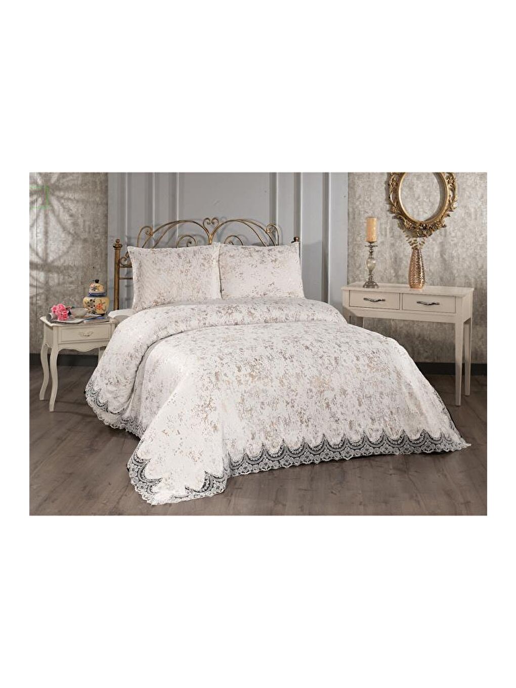 Kahverengi Fransız Güpürlü Çeyizlik Yatak Örtüsü Bulut Cappucino-2