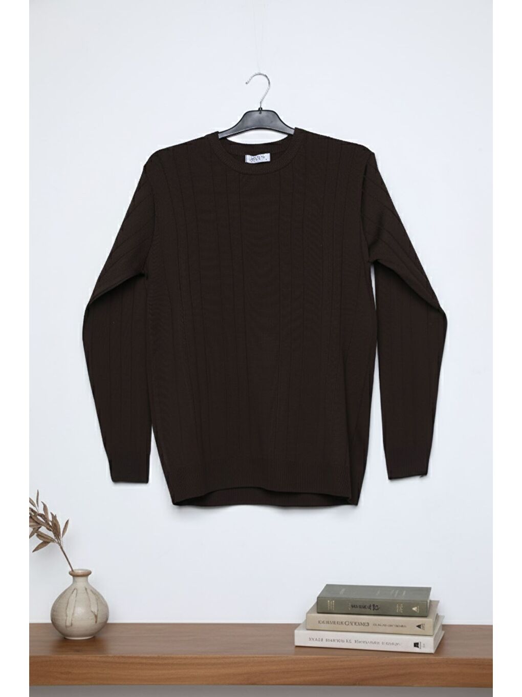 Kahverengi Erkek Bisiklet Yaka Çizgi Desenli Triko Kazak-2