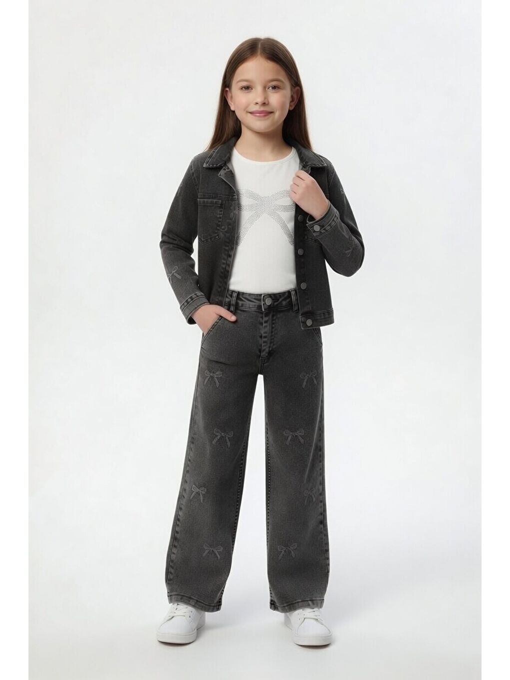 Siyah Fiyonk Desenli Jean Ceketli Pantolonlu Kız Çocuk Badili 3lü Takım 24130-1