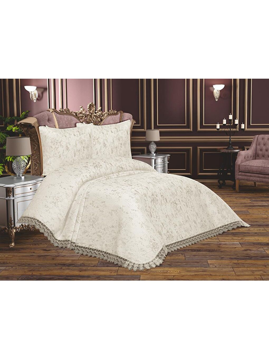 Ekru Fransız Güpürlü Çeyizlik Cloud Yatak Örtüsü Krem