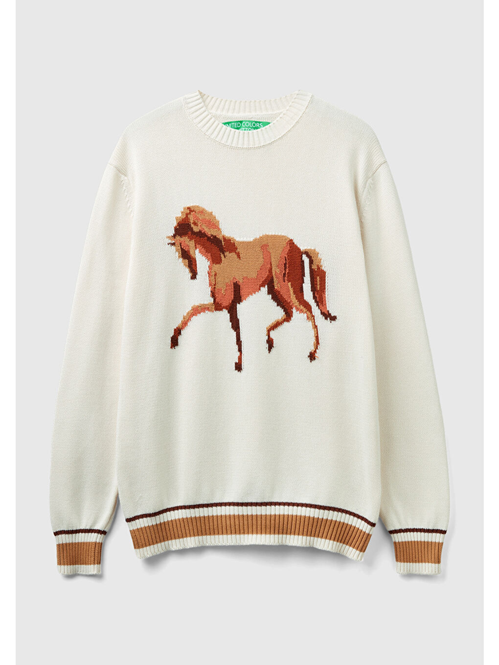 Ekru Erkek Krem %100 Pamuk At Desenli Bisiklet Yaka Kazak-1