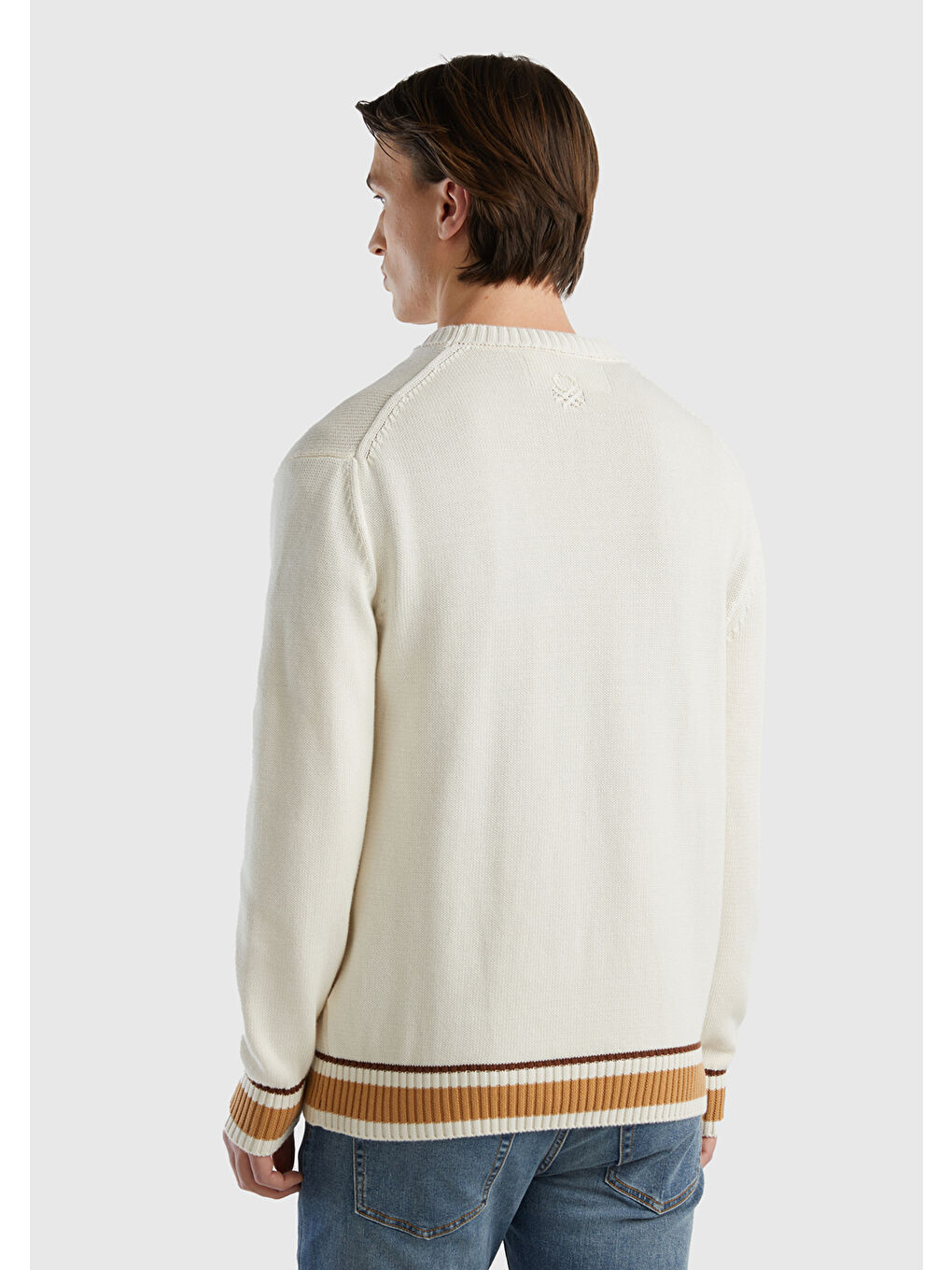 Ekru Erkek Krem %100 Pamuk At Desenli Bisiklet Yaka Kazak-2