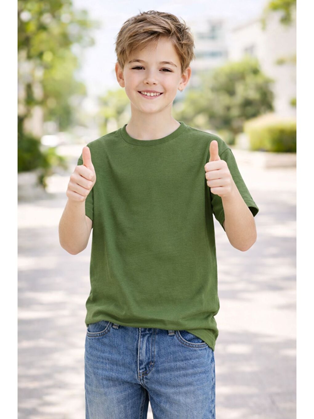 Haki Unisex Basic Kısa Kollu Çocuk T-Shirt-1