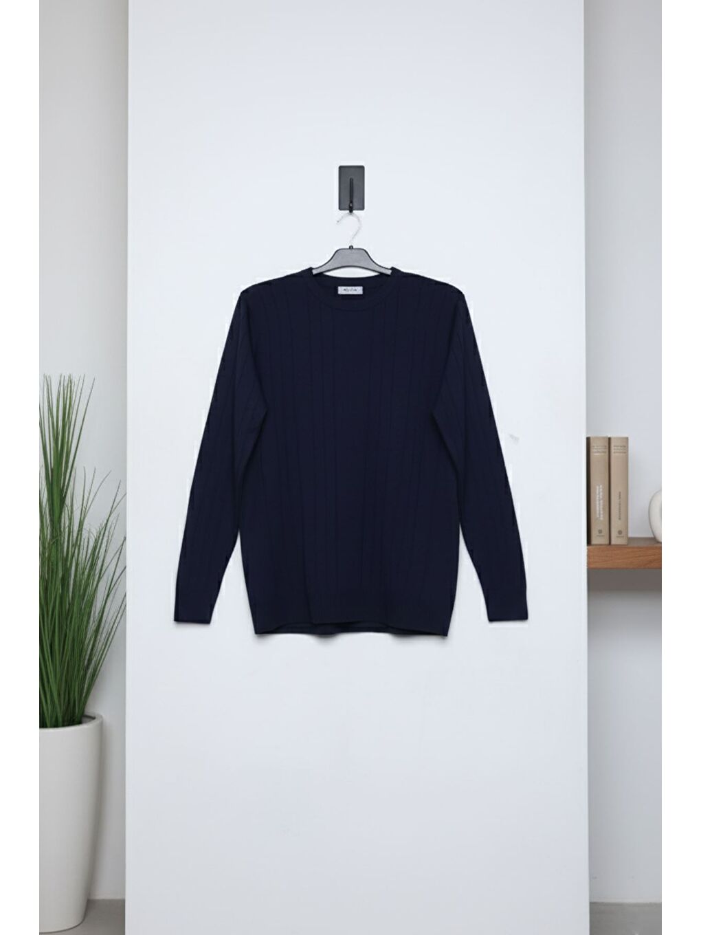 Lacivert Erkek Bisiklet Yaka Çizgi Desenli Triko Kazak-2