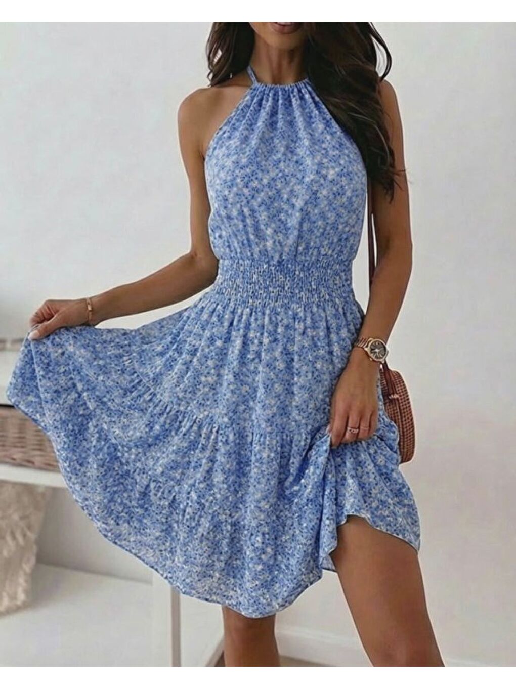 Mavi Kadın Omuzlardan Açık Beli Lastikli Desenli Kısa Süprem Elbise
