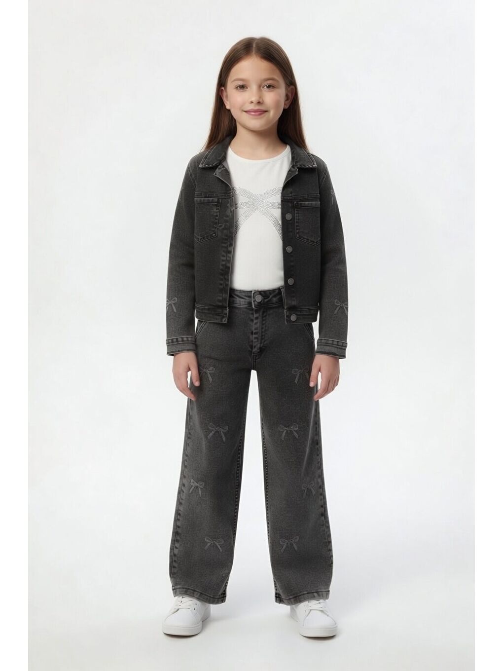 Siyah Fiyonk Desenli Jean Ceketli Pantolonlu Kız Çocuk Badili 3lü Takım 24130-2