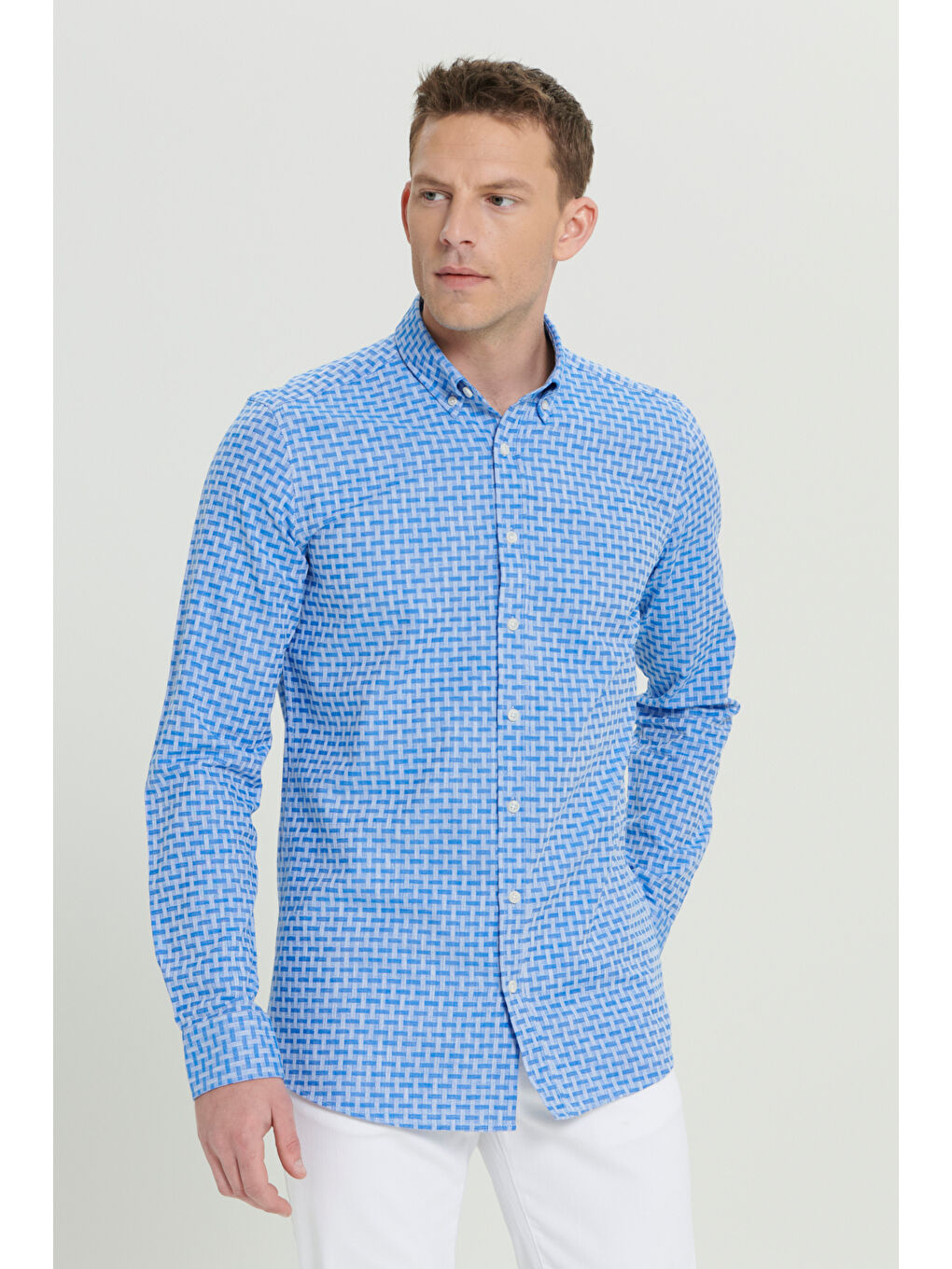 Erkek Mavi %100 Pamuk Slim Fit Dar Kesim Düğmeli Yaka Armürlü Gömlek-7