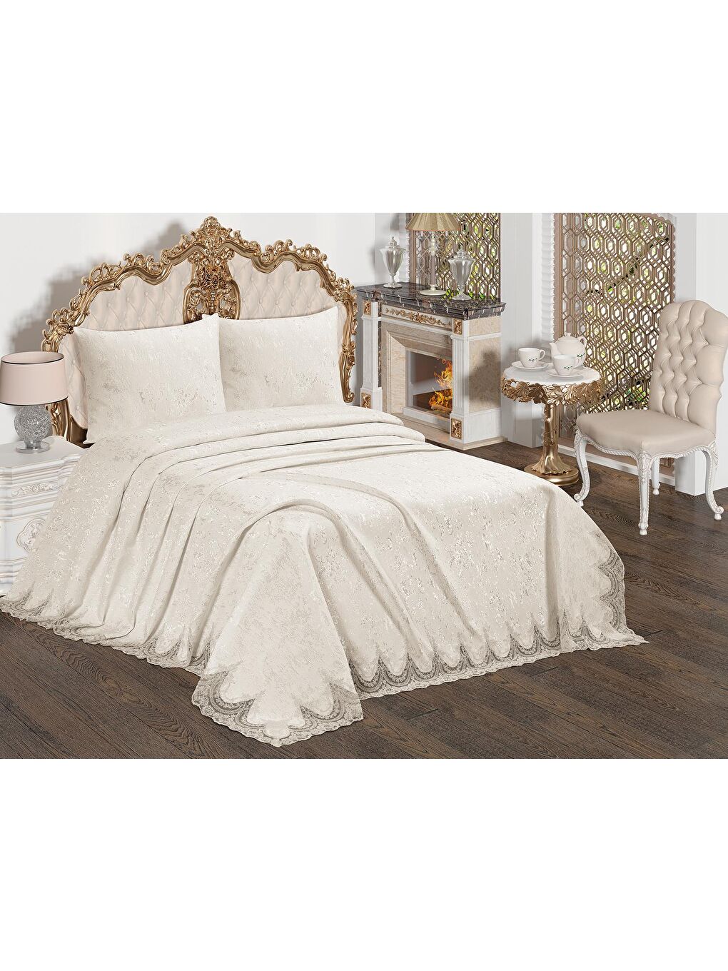 Ekru Fransız Güpürlü Çeyizlik Yatak Örtüsü Bulut Krem