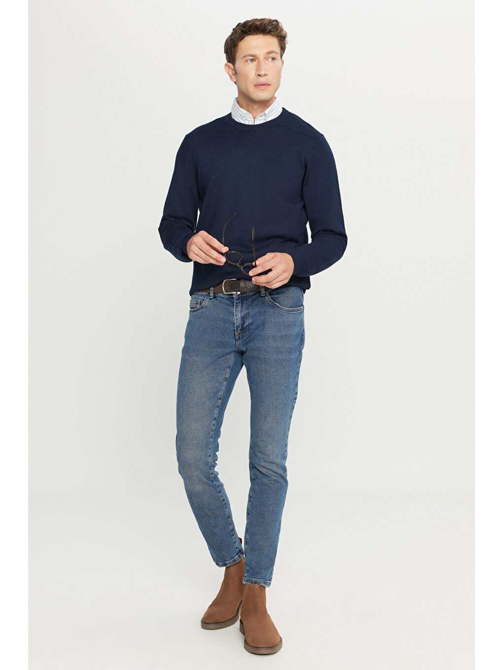 Erkek Lacivert Yünlü Standart Fit Normal Kesim Bisiklet Yaka Triko Basic Kazak-1