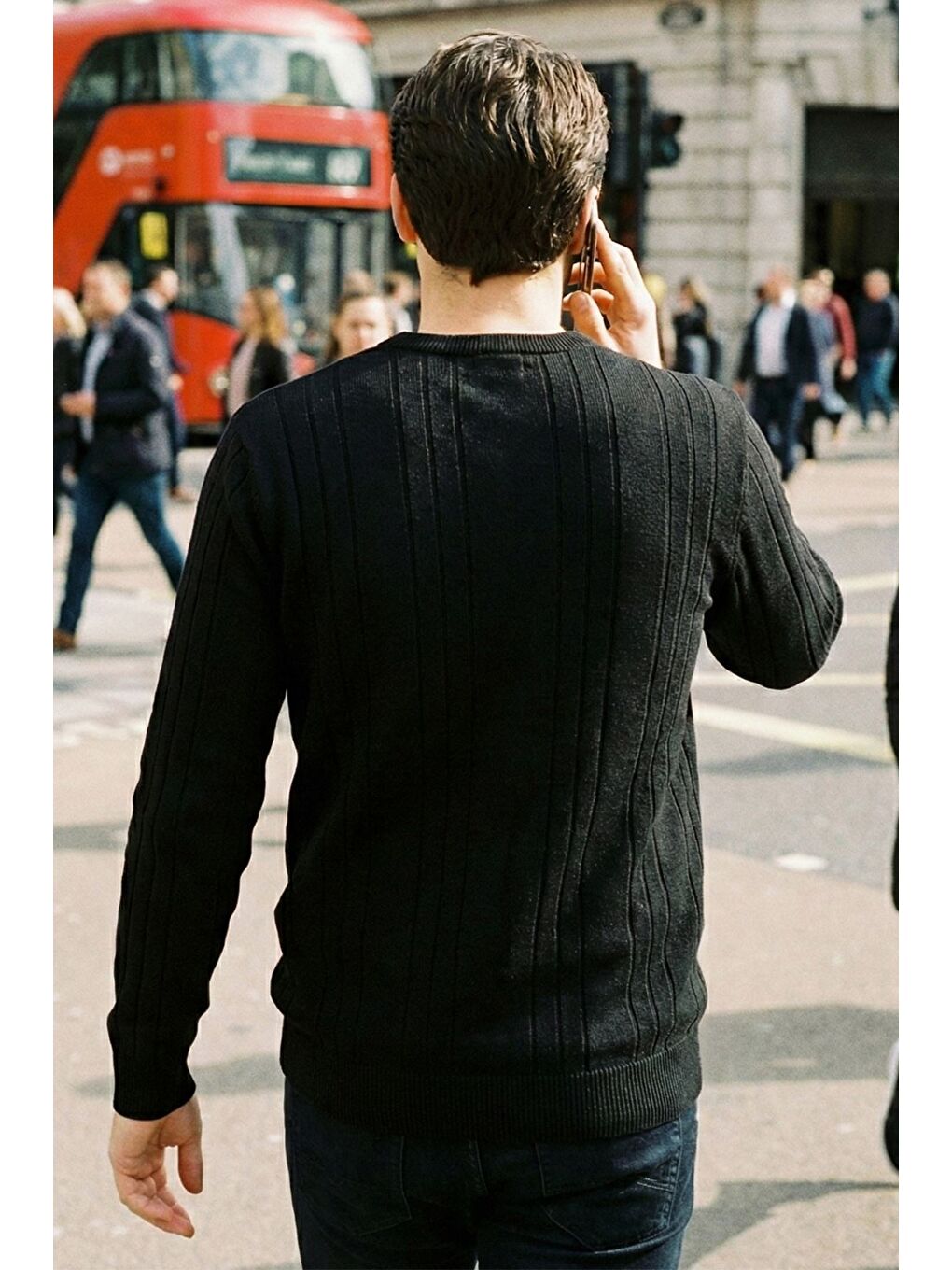 Siyah Erkek Bisiklet Yaka Çizgi Desenli Triko Kazak-1