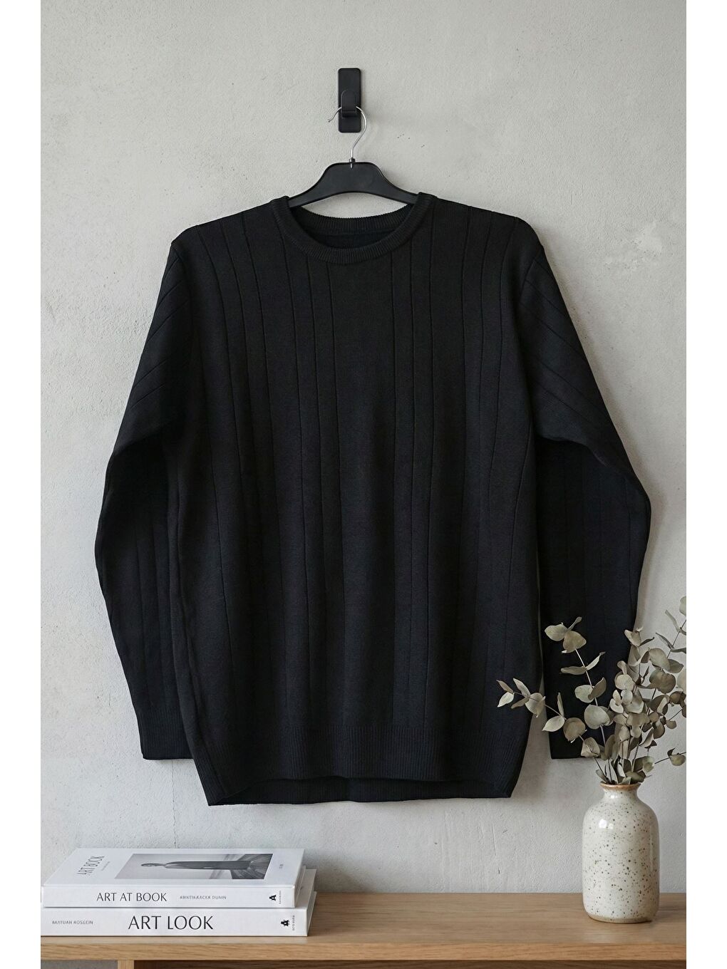 Siyah Erkek Bisiklet Yaka Çizgi Desenli Triko Kazak-2