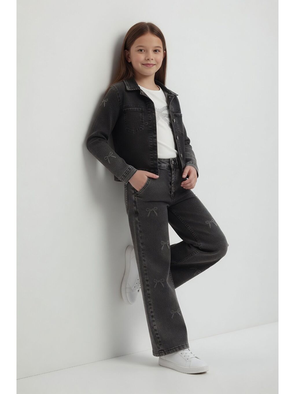 Siyah Fiyonk Desenli Jean Ceketli Pantolonlu Kız Çocuk Badili 3lü Takım 24130-3