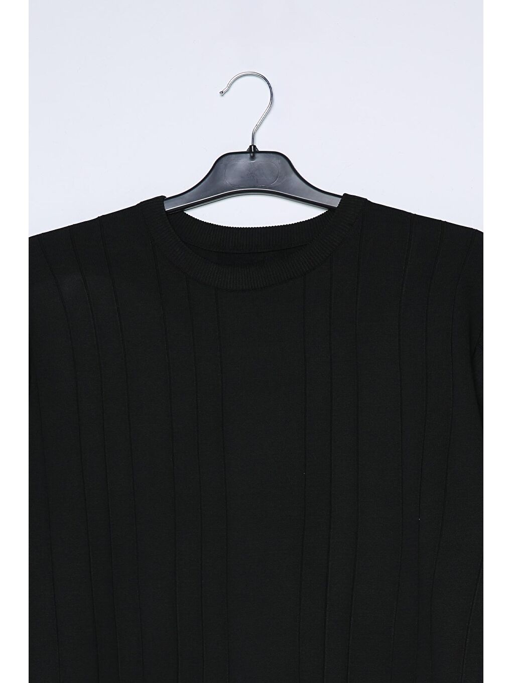 Siyah Erkek Bisiklet Yaka Çizgi Desenli Triko Kazak-3