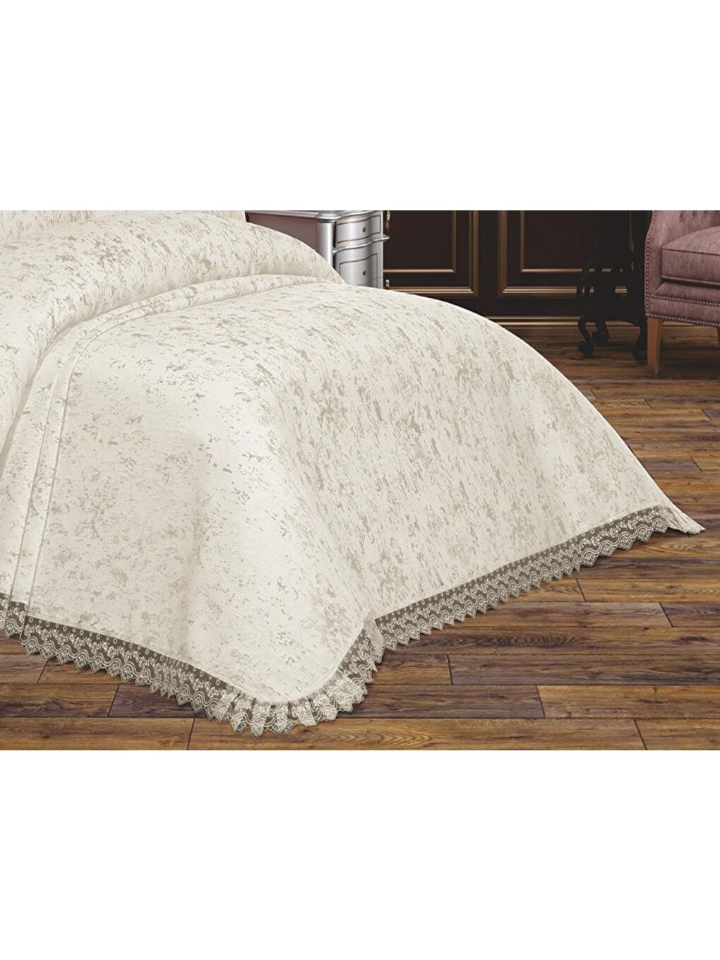 Ekru Fransız Güpürlü Çeyizlik Cloud Yatak Örtüsü Krem-2