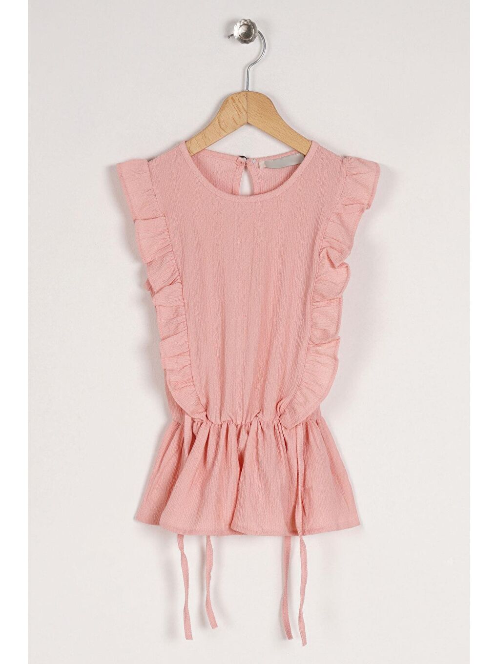 Pembe Bisiklet Yaka Fırfır Kol Beli Lastik Detaylı Somon Renk Kız Çocuk Bluz