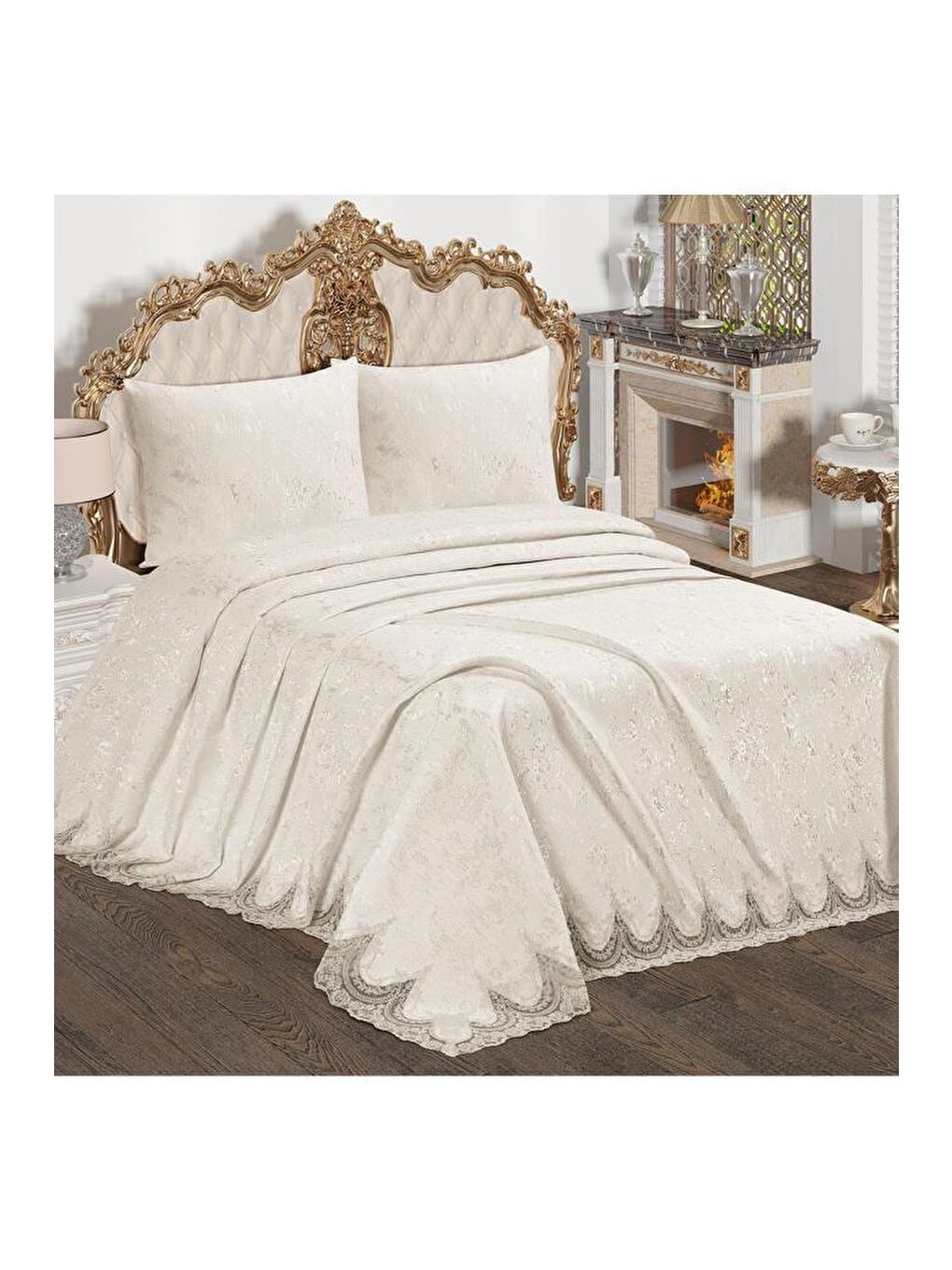 Ekru Fransız Güpürlü Çeyizlik Yatak Örtüsü Bulut Krem-1