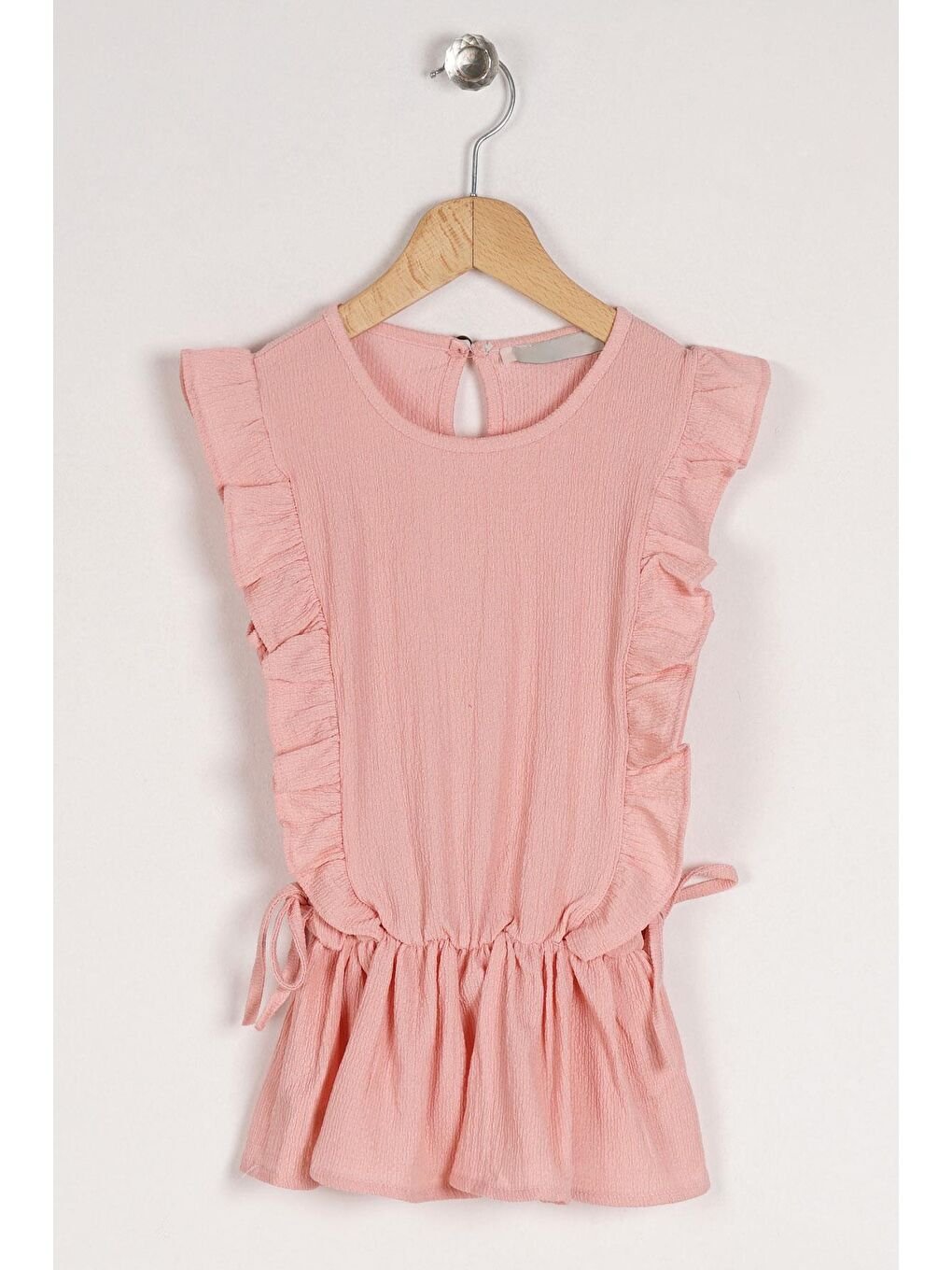 Pembe Bisiklet Yaka Fırfır Kol Beli Lastik Detaylı Somon Renk Kız Çocuk Bluz-1