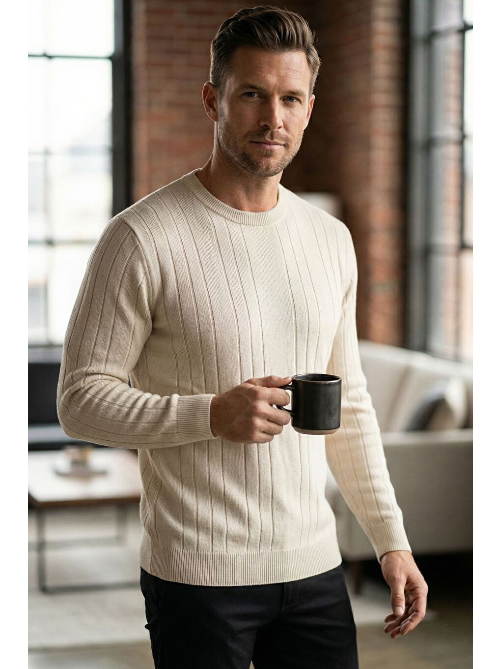 Bej Erkek Bisiklet Yaka Çizgi Desenli Triko Kazak