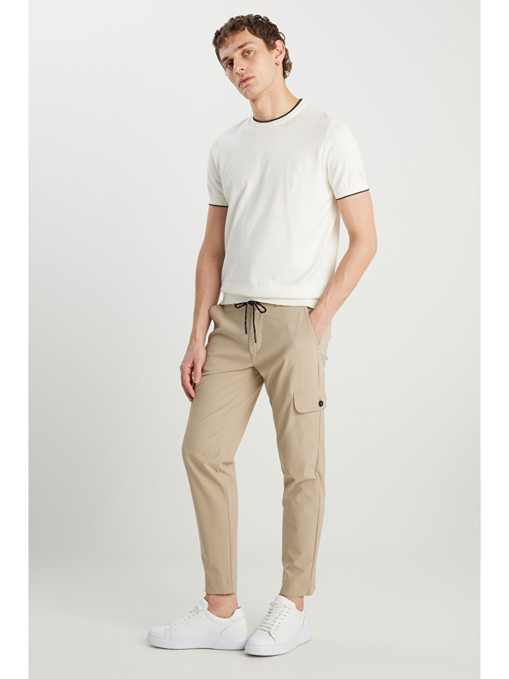 Erkek Ekru %100 Pamuk Standart Fit Normal Kesim Bisiklet Yaka Triko Tişört-1