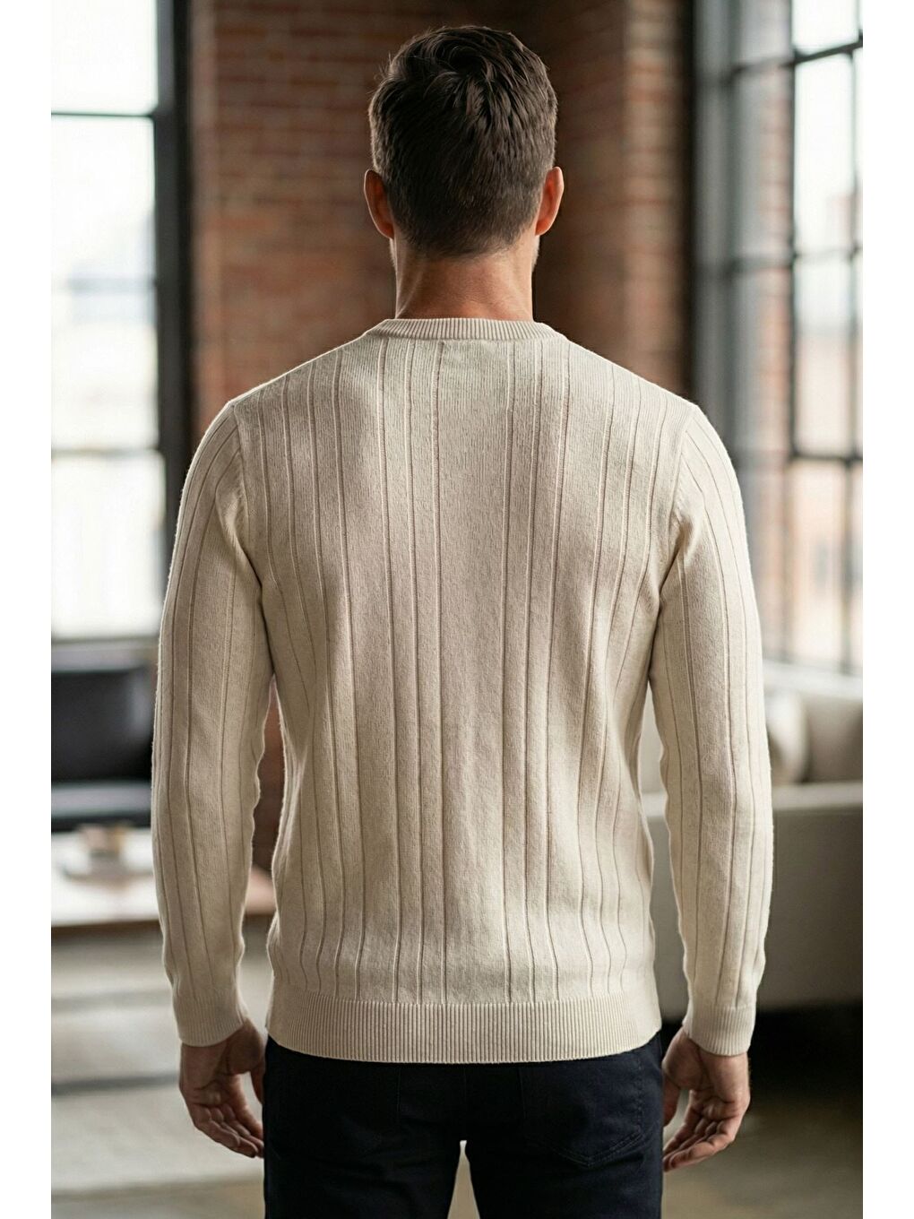 Bej Erkek Bisiklet Yaka Çizgi Desenli Triko Kazak-1