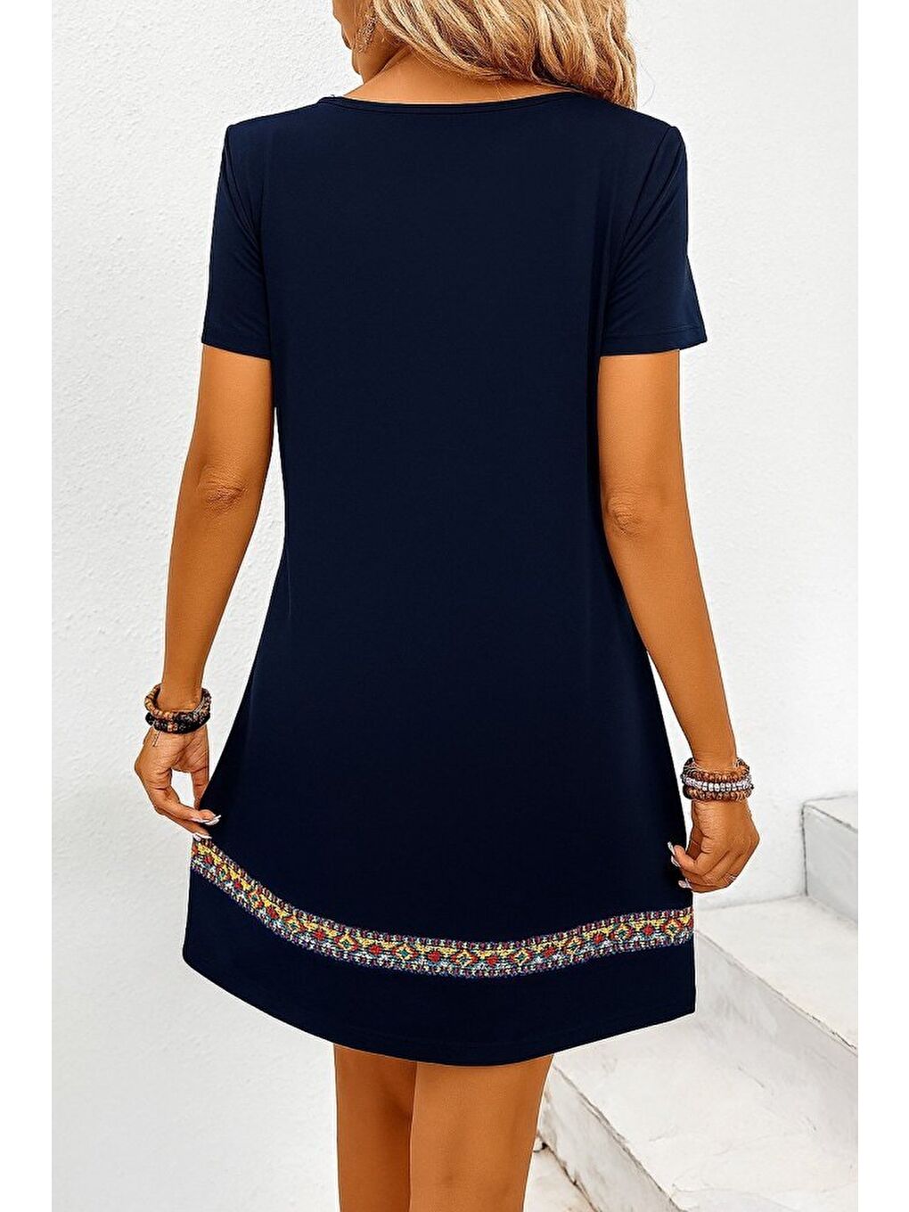 Lacivert Kadın Kısa Kollu V Yakalı Etnik Desen şerit Detaylı Viskon Elbise-2
