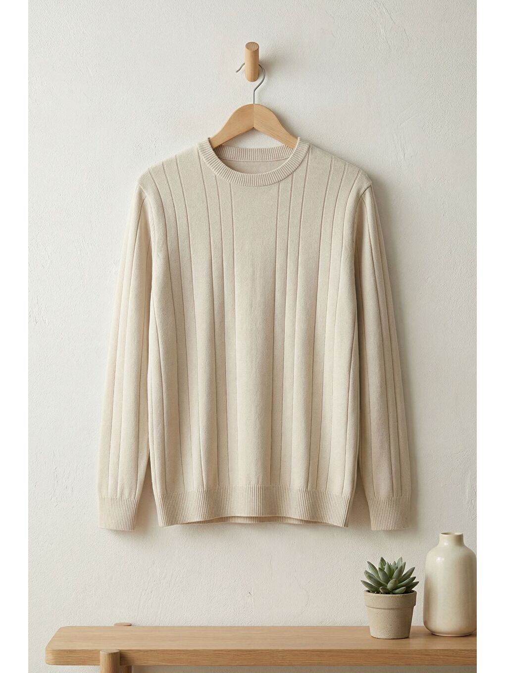 Bej Erkek Bisiklet Yaka Çizgi Desenli Triko Kazak-2