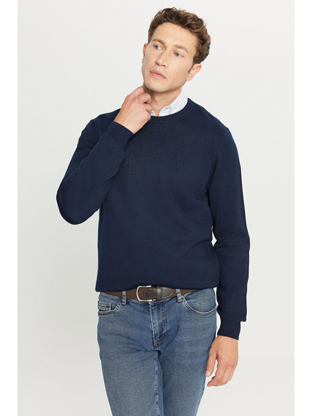 Erkek Lacivert Yünlü Standart Fit Normal Kesim Bisiklet Yaka Triko Basic Kazak-2