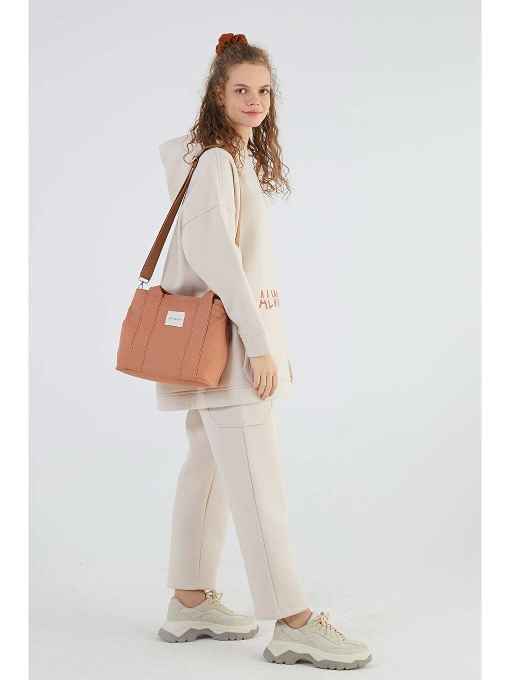 Manuka Pembe Çift Gözlü Kanvas Tote Bag Şeftali - 1
