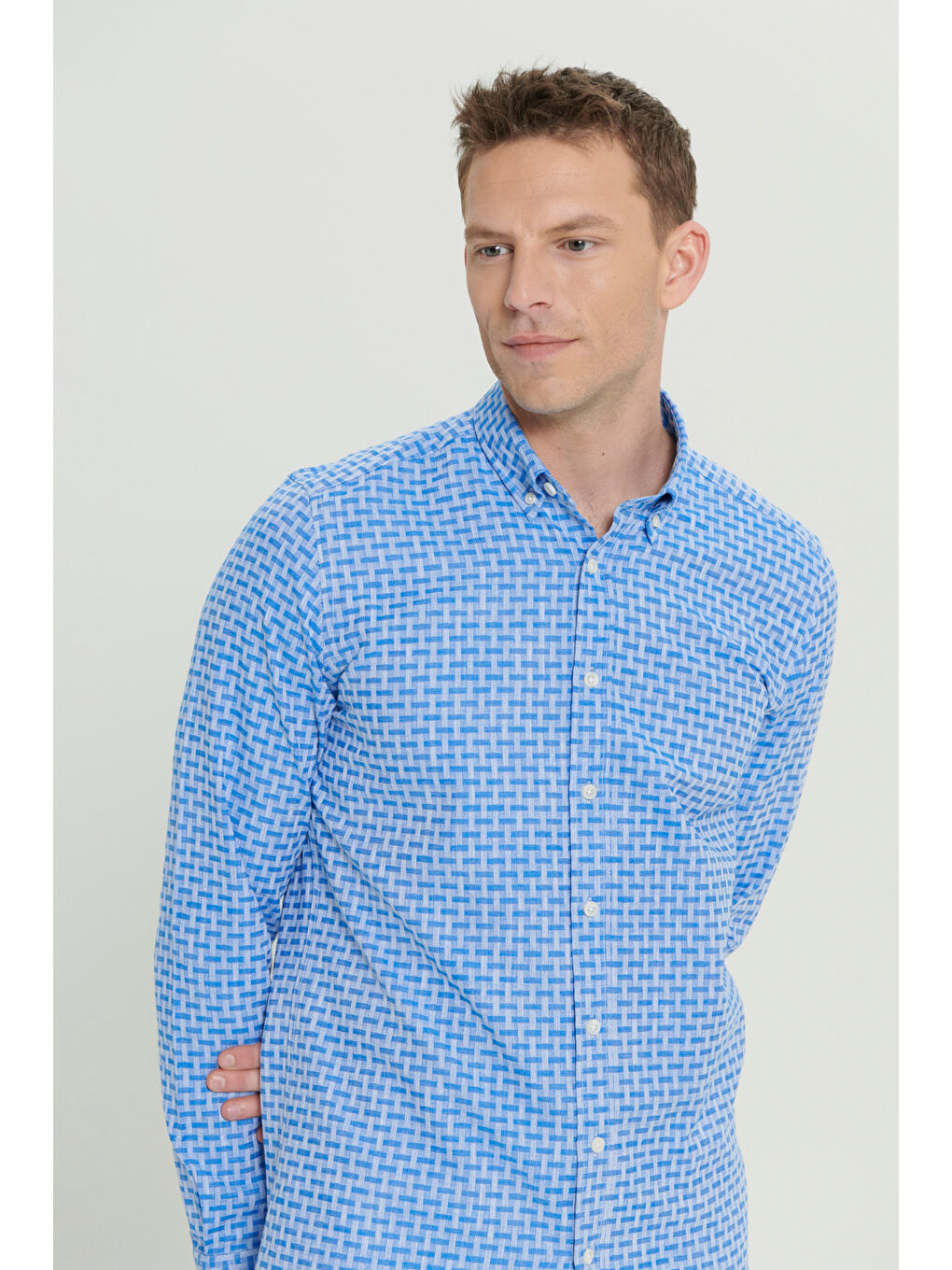 Erkek Mavi %100 Pamuk Slim Fit Dar Kesim Düğmeli Yaka Armürlü Gömlek-8