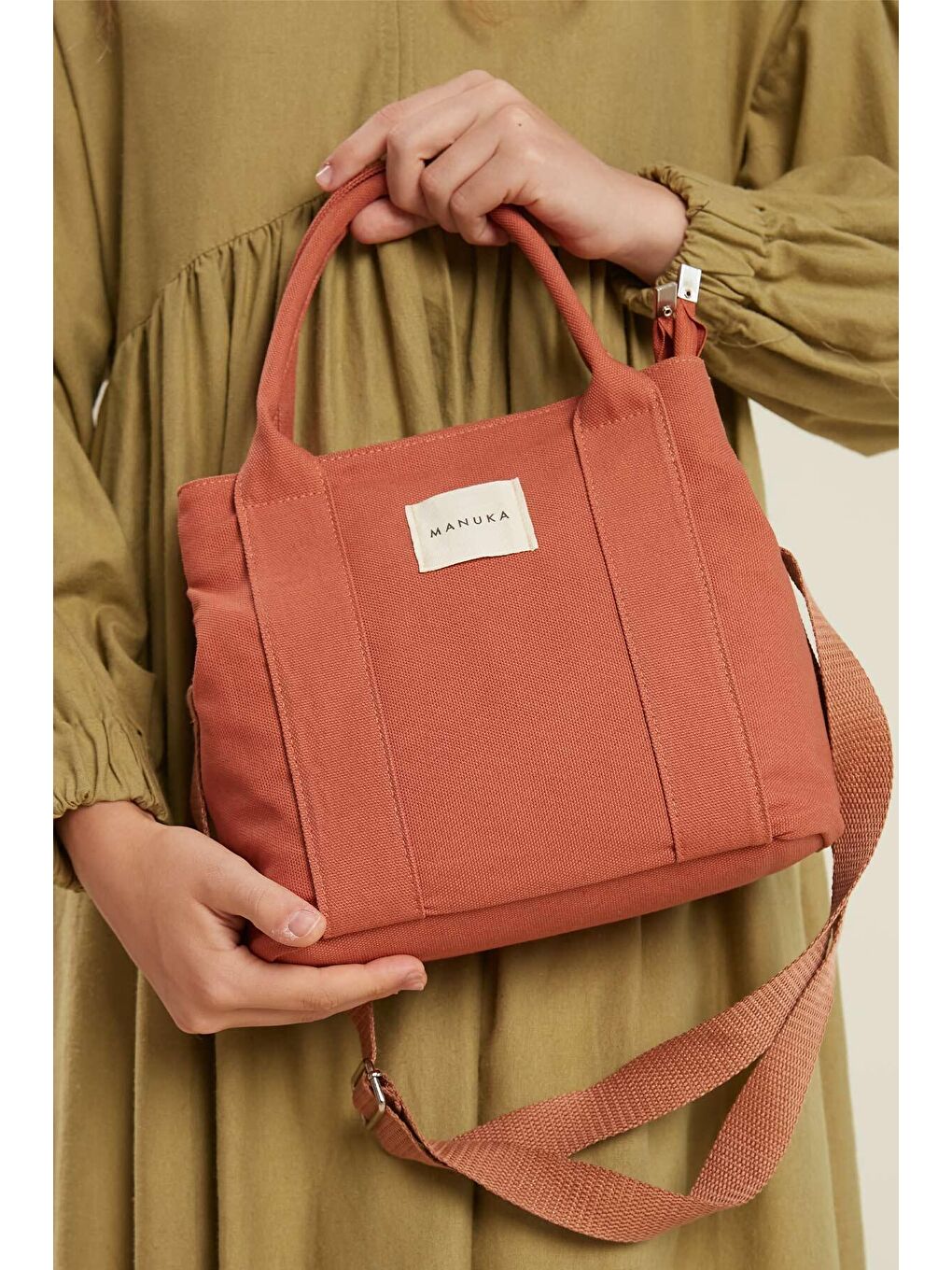 Manuka Pembe Çift Gözlü Kanvas Tote Bag Şeftali - 4