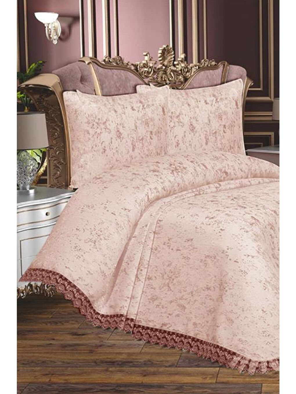 Pembe Fransız Güpürlü Çeyizlik Cloud Yatak Örtüsü Pudra-1