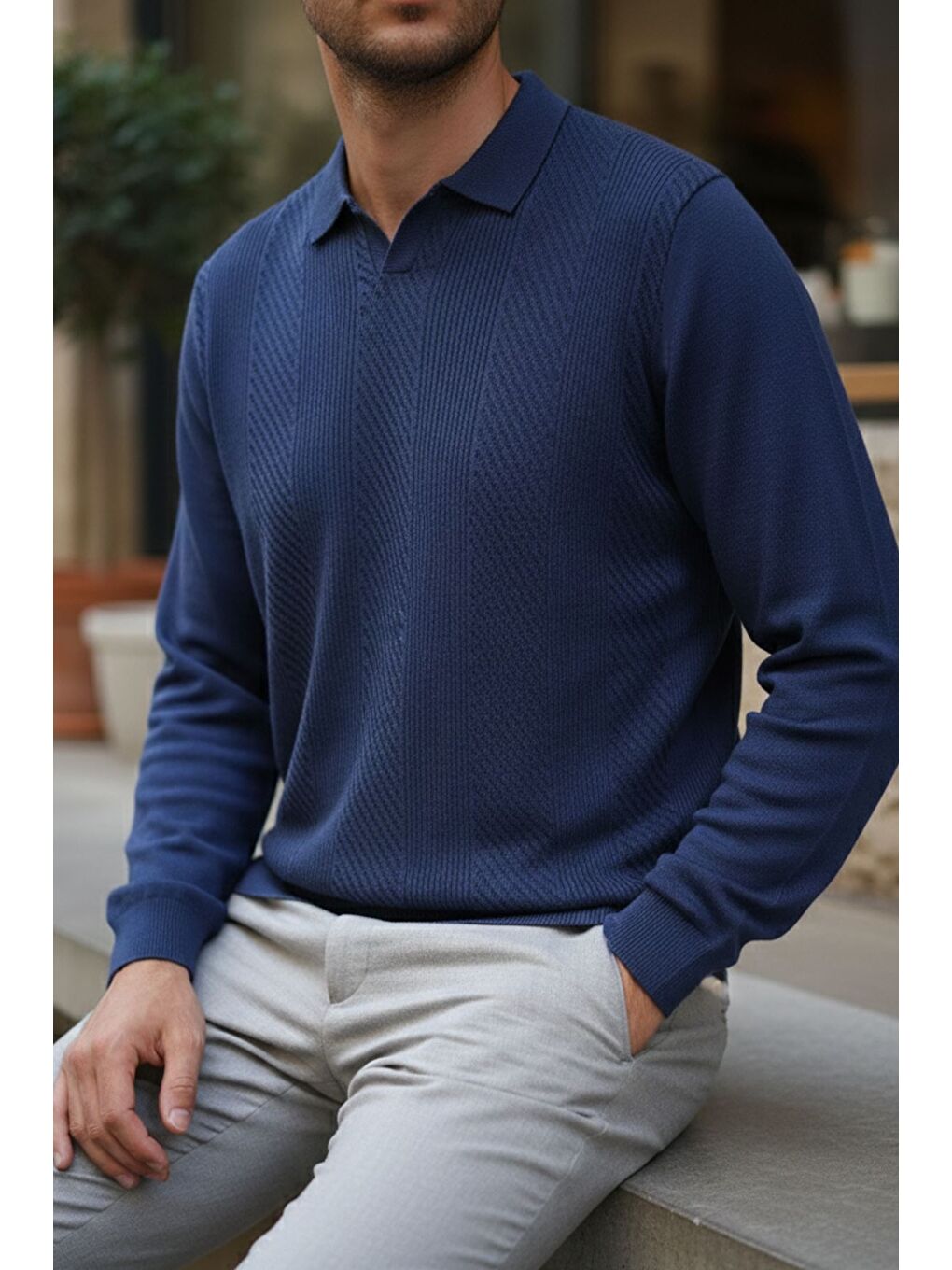 İndigo Erkek Polo Yaka Kendinden Desenli Triko Kazak-1
