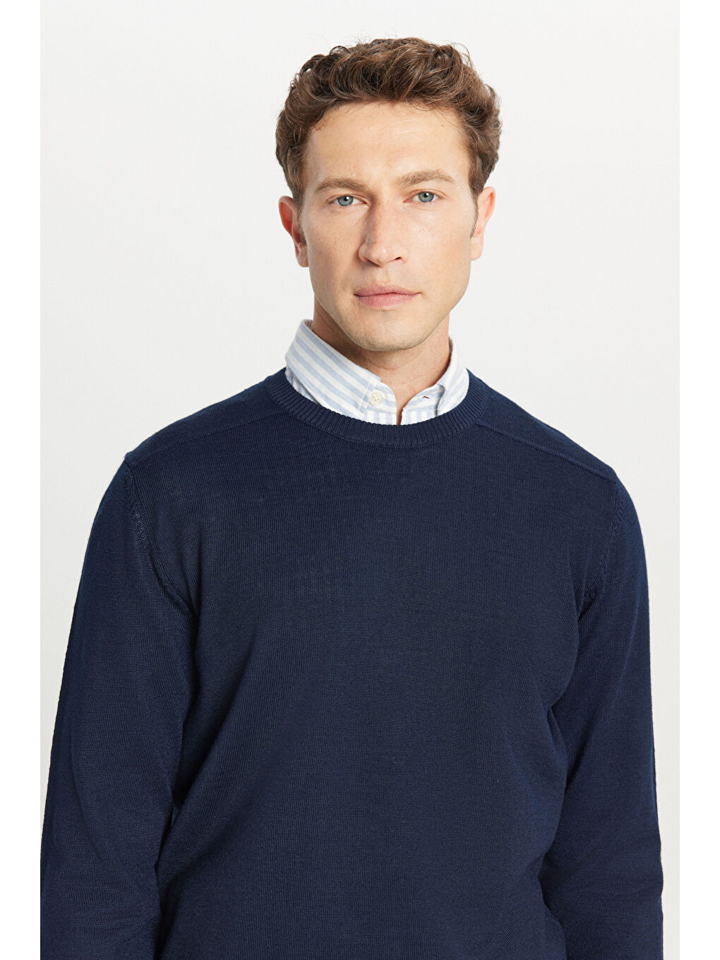 Erkek Lacivert Yünlü Standart Fit Normal Kesim Bisiklet Yaka Triko Basic Kazak-3