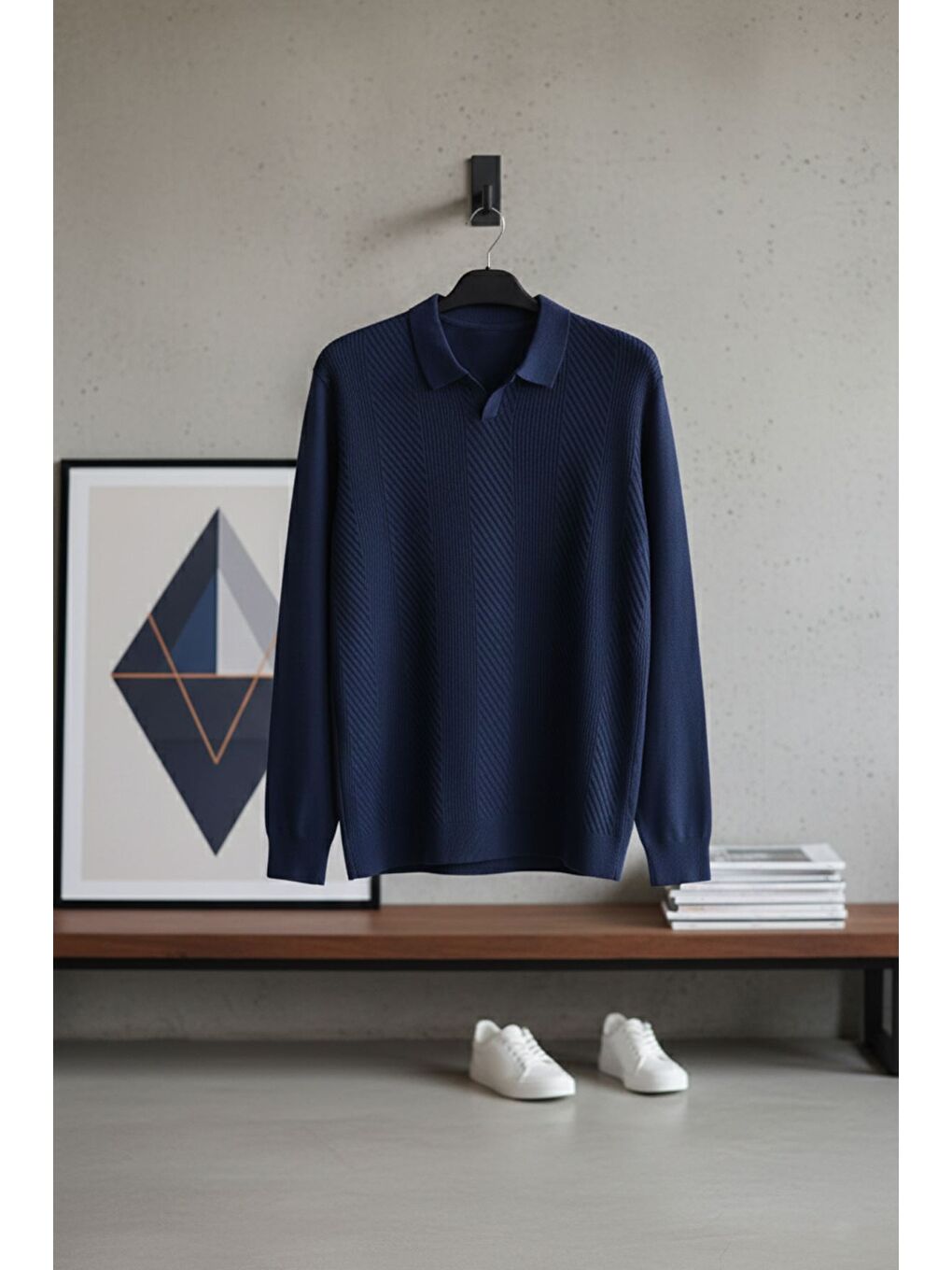 İndigo Erkek Polo Yaka Kendinden Desenli Triko Kazak-3