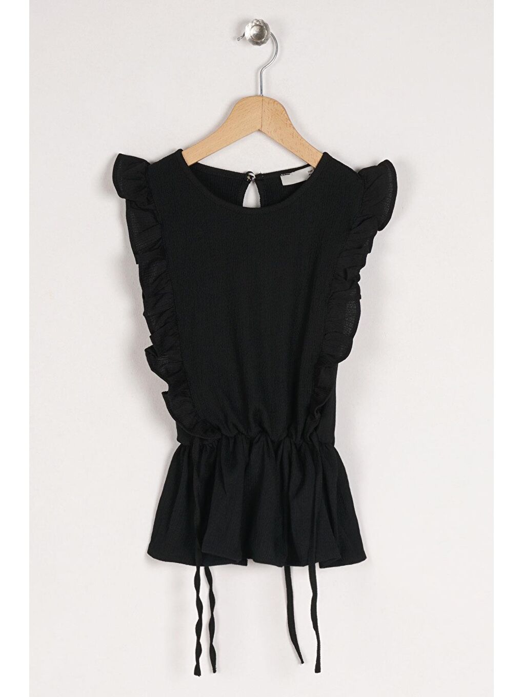 Bisiklet Yaka Fırfır Kol Beli Lastik Detaylı Siyah Renk Kız Çocuk Bluz