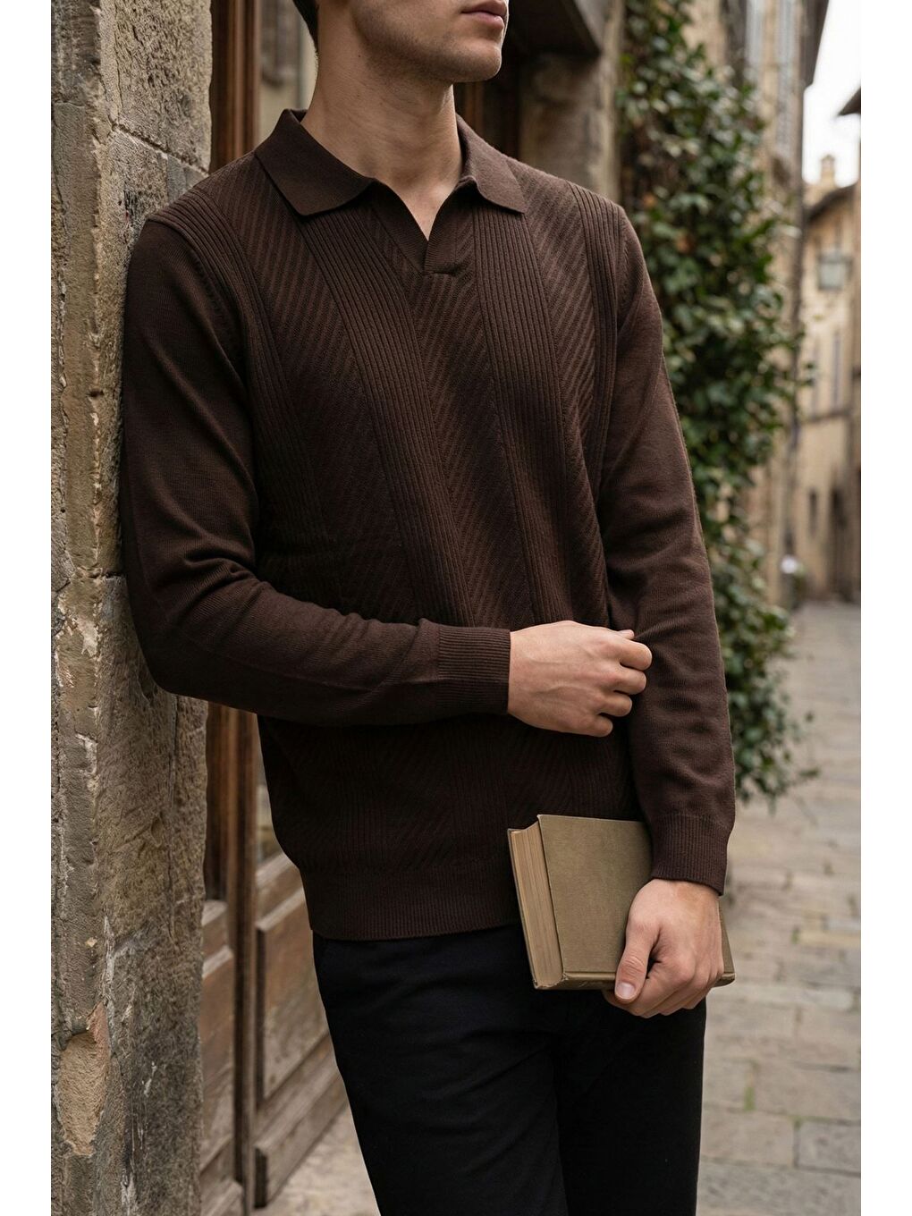 Kahverengi Erkek Polo Yaka Kendinden Desenli Triko Kazak