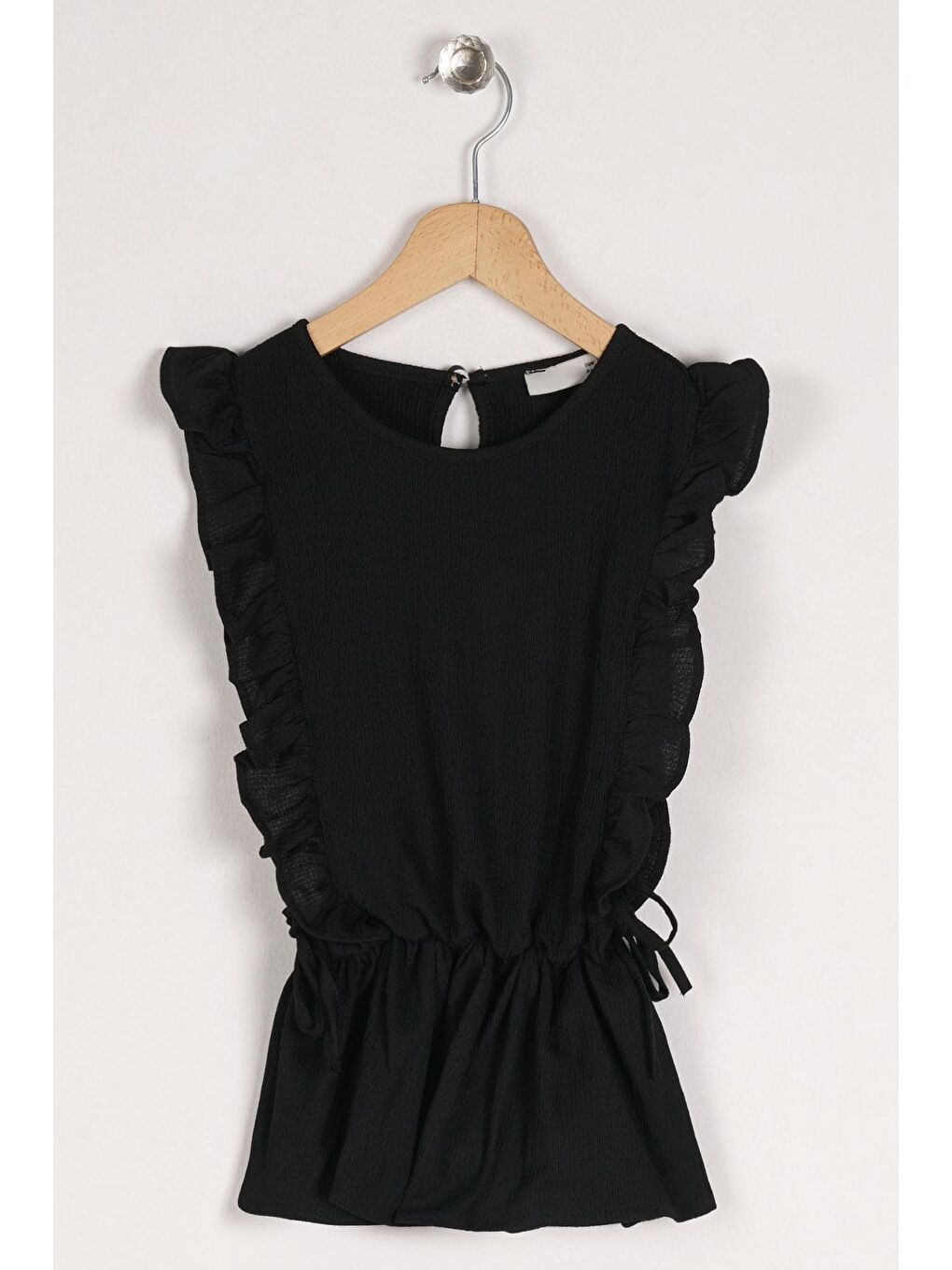 Bisiklet Yaka Fırfır Kol Beli Lastik Detaylı Siyah Renk Kız Çocuk Bluz-1