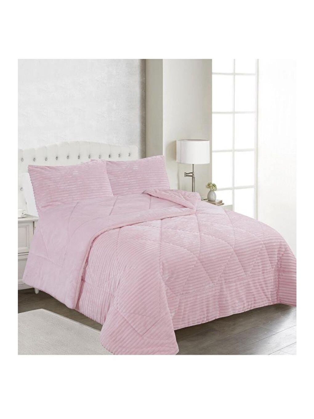 Pembe Ece Stripe Çift Kişilik Pelüş Yatak Örtüsü Pudra-1