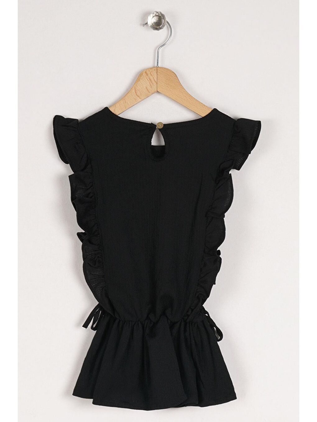 Bisiklet Yaka Fırfır Kol Beli Lastik Detaylı Siyah Renk Kız Çocuk Bluz-2