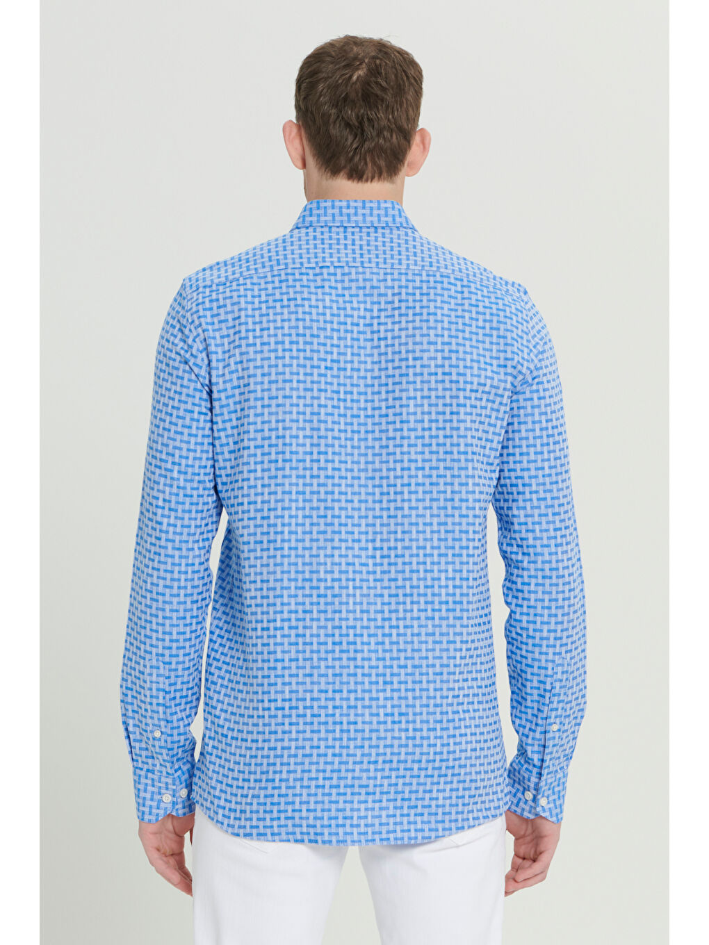 Erkek Mavi %100 Pamuk Slim Fit Dar Kesim Düğmeli Yaka Armürlü Gömlek-9