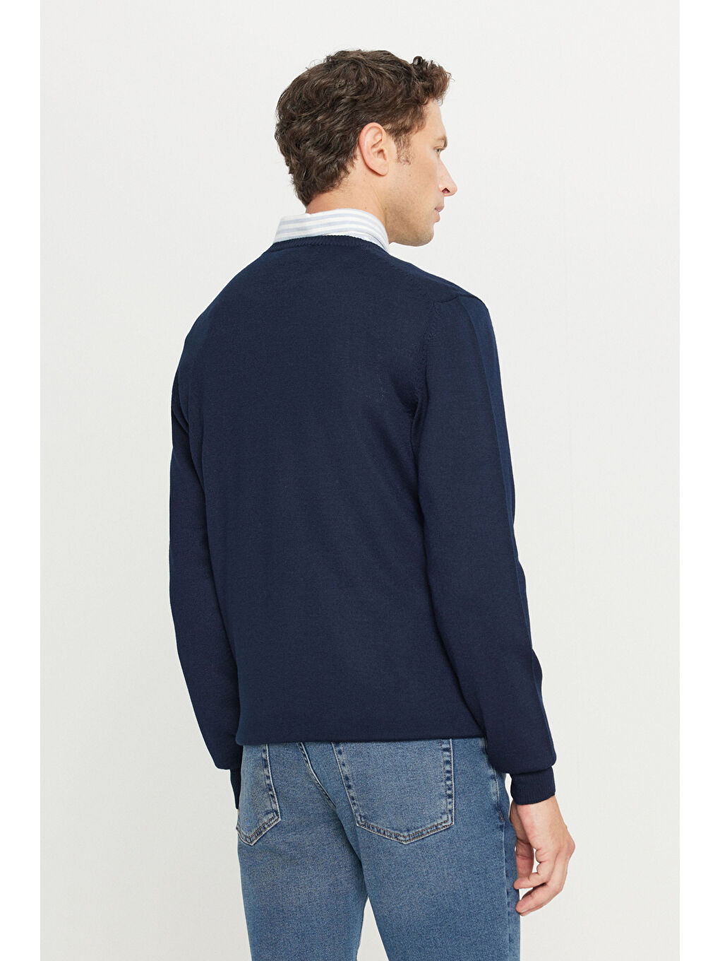 Erkek Lacivert Yünlü Standart Fit Normal Kesim Bisiklet Yaka Triko Basic Kazak-4