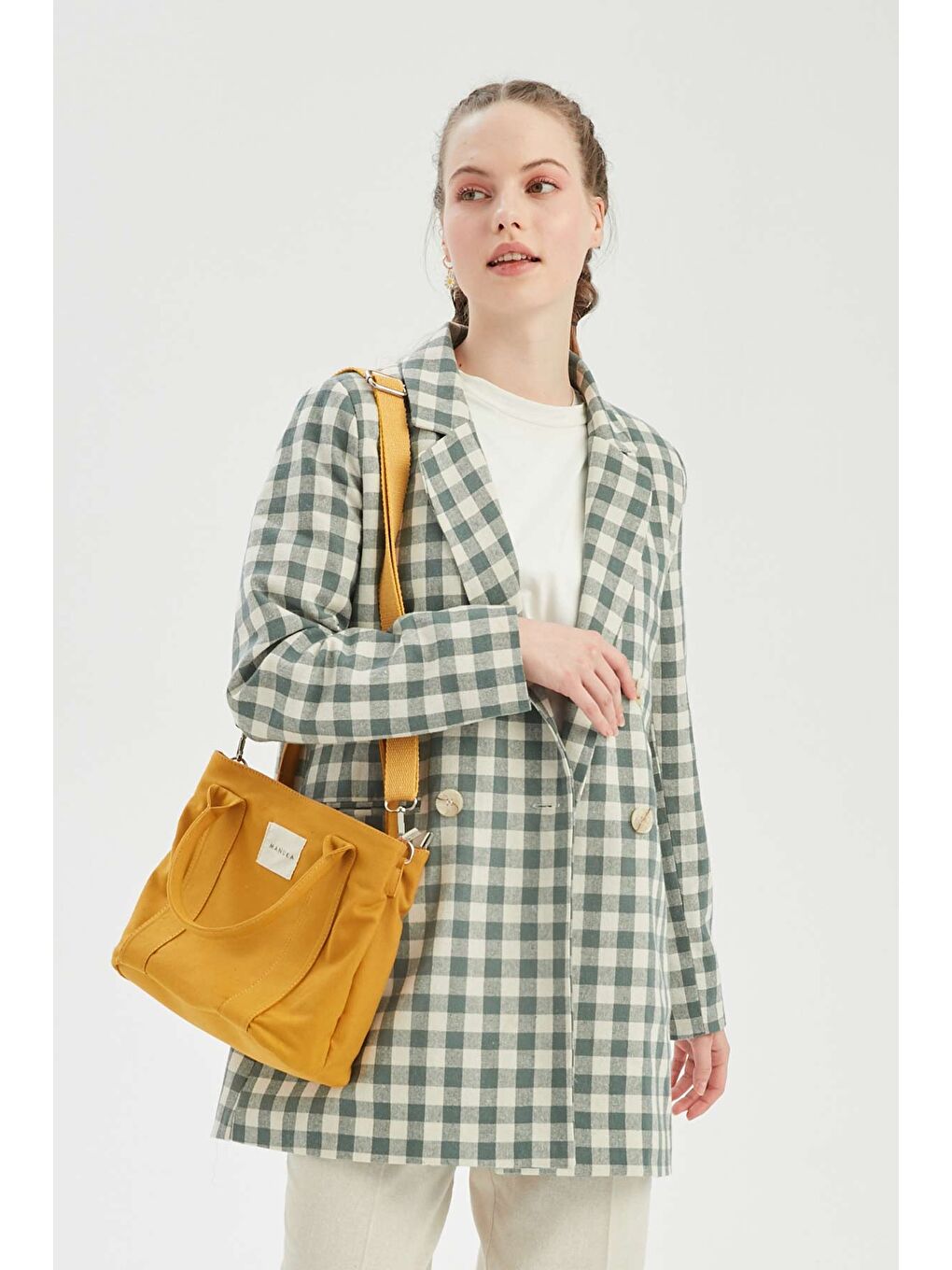 Kahverengi Çift Gözlü Kanvas Tote Bag Hardal