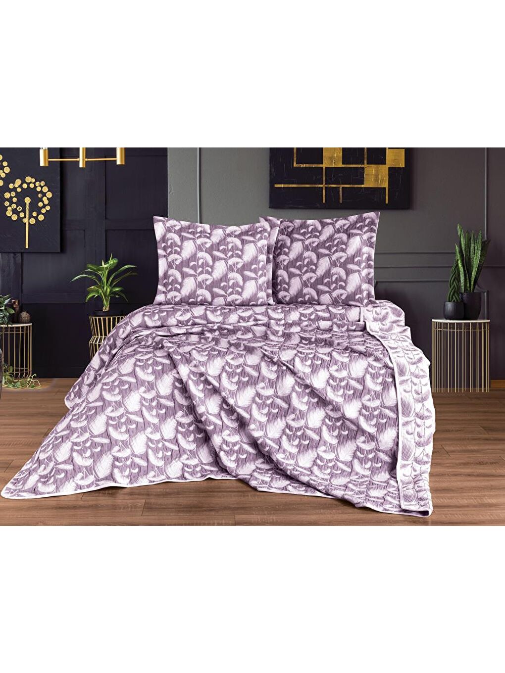 Çift Kişilik Palmiye Çift Taraflı Yatak Örtüsü Takımı Mürdüm