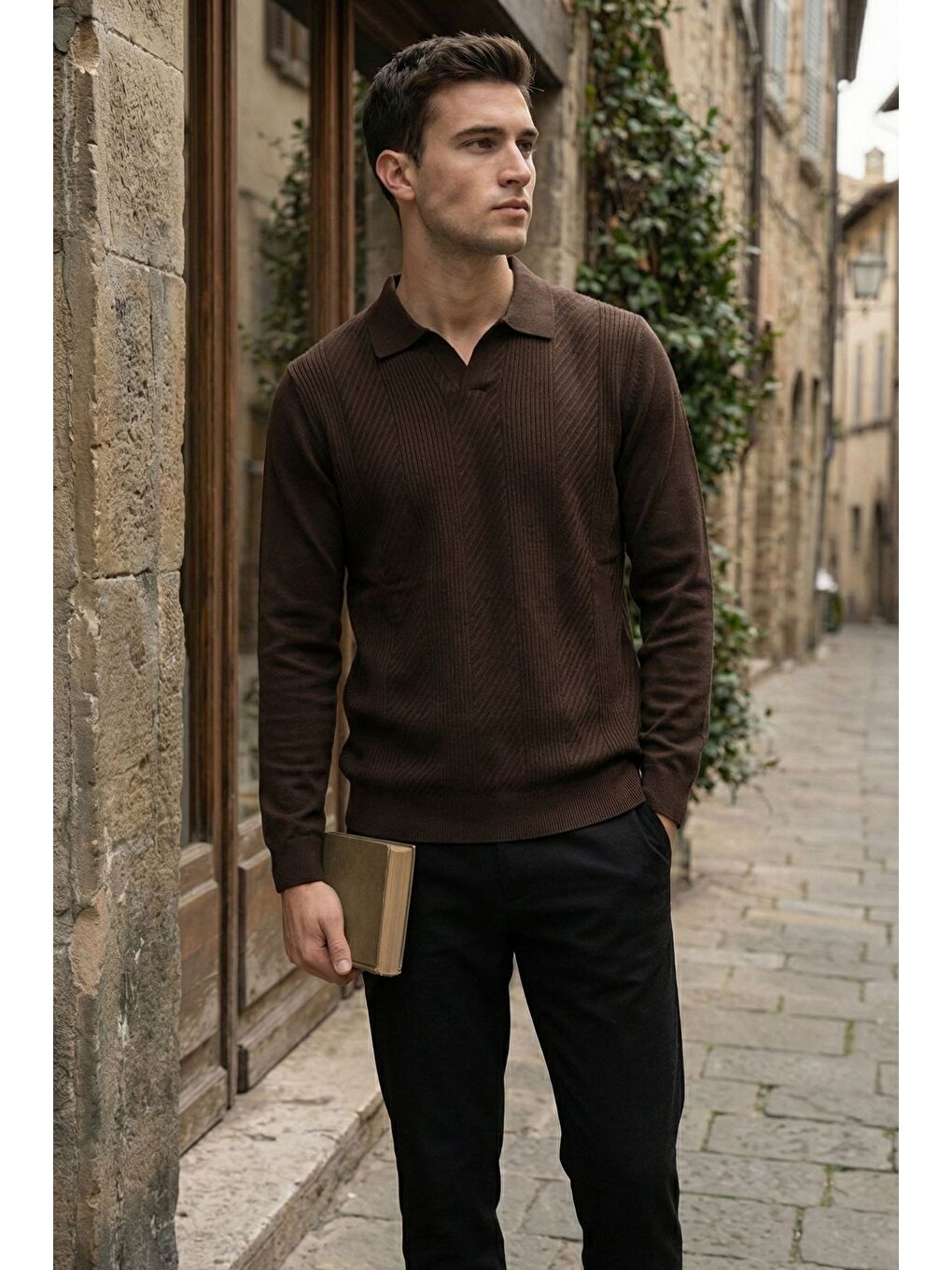 Kahverengi Erkek Polo Yaka Kendinden Desenli Triko Kazak-1