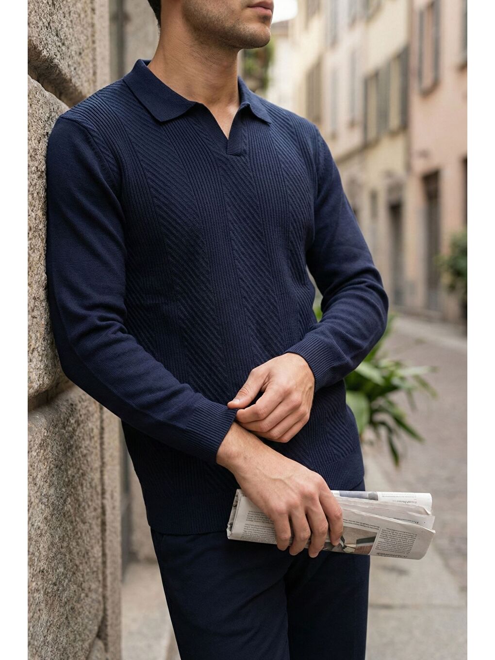 Lacivert Erkek Polo Yaka Kendinden Desenli Triko Kazak