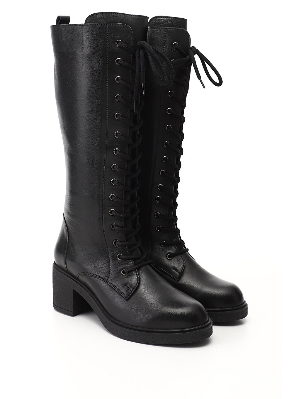 Siyah Kadın SİYAH Fermuarlı Kalın Topuklu Hakiki Deri Postal Çizme-1