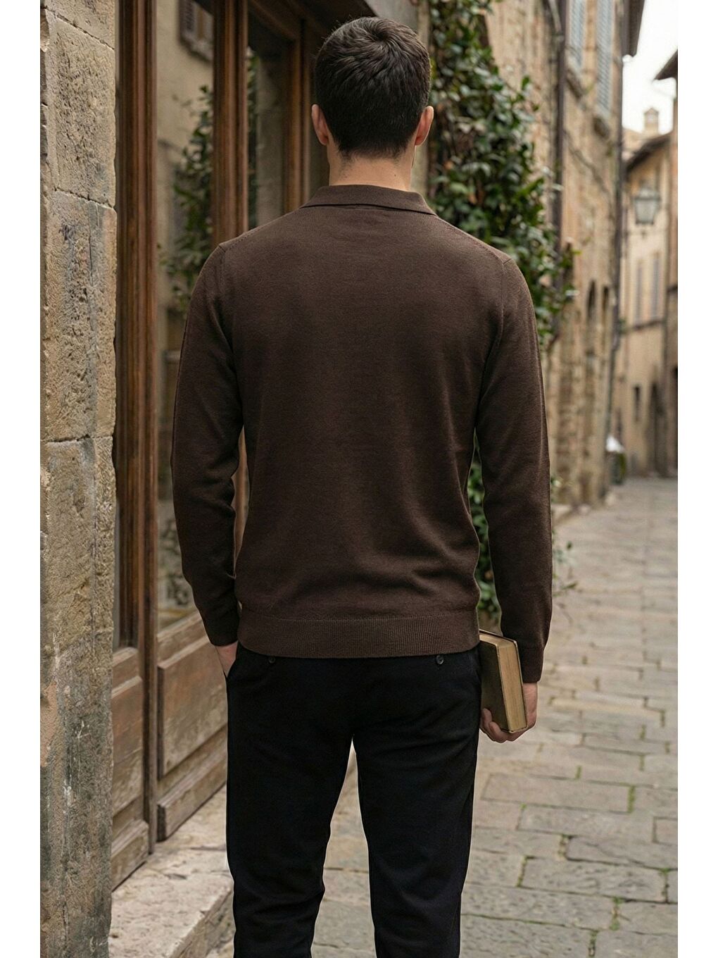 Kahverengi Erkek Polo Yaka Kendinden Desenli Triko Kazak-2