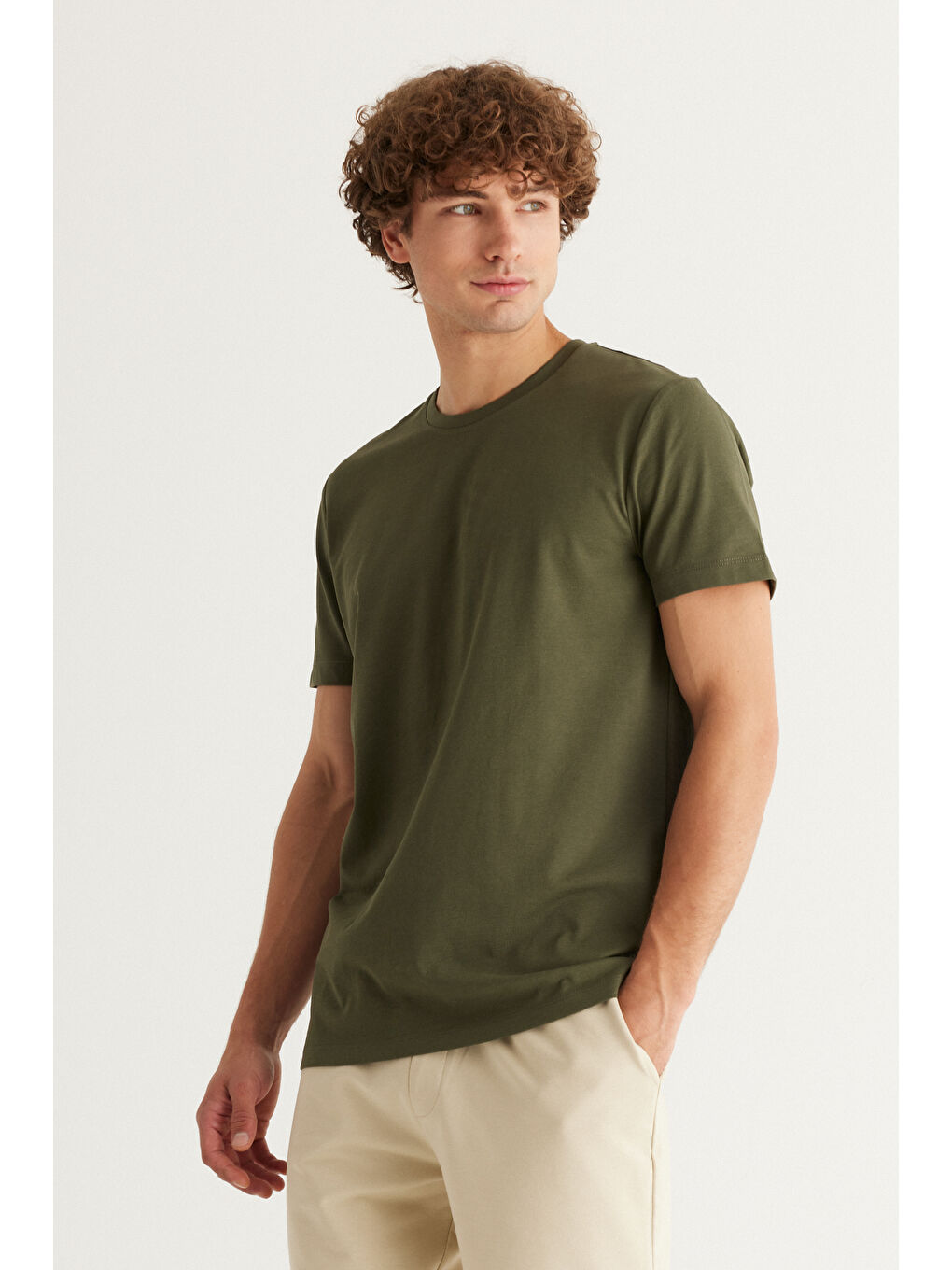 Erkek Haki Slim Fit Dar Kesim Bisiklet Yaka Pamuklu Kısa Kollu Tişört-2