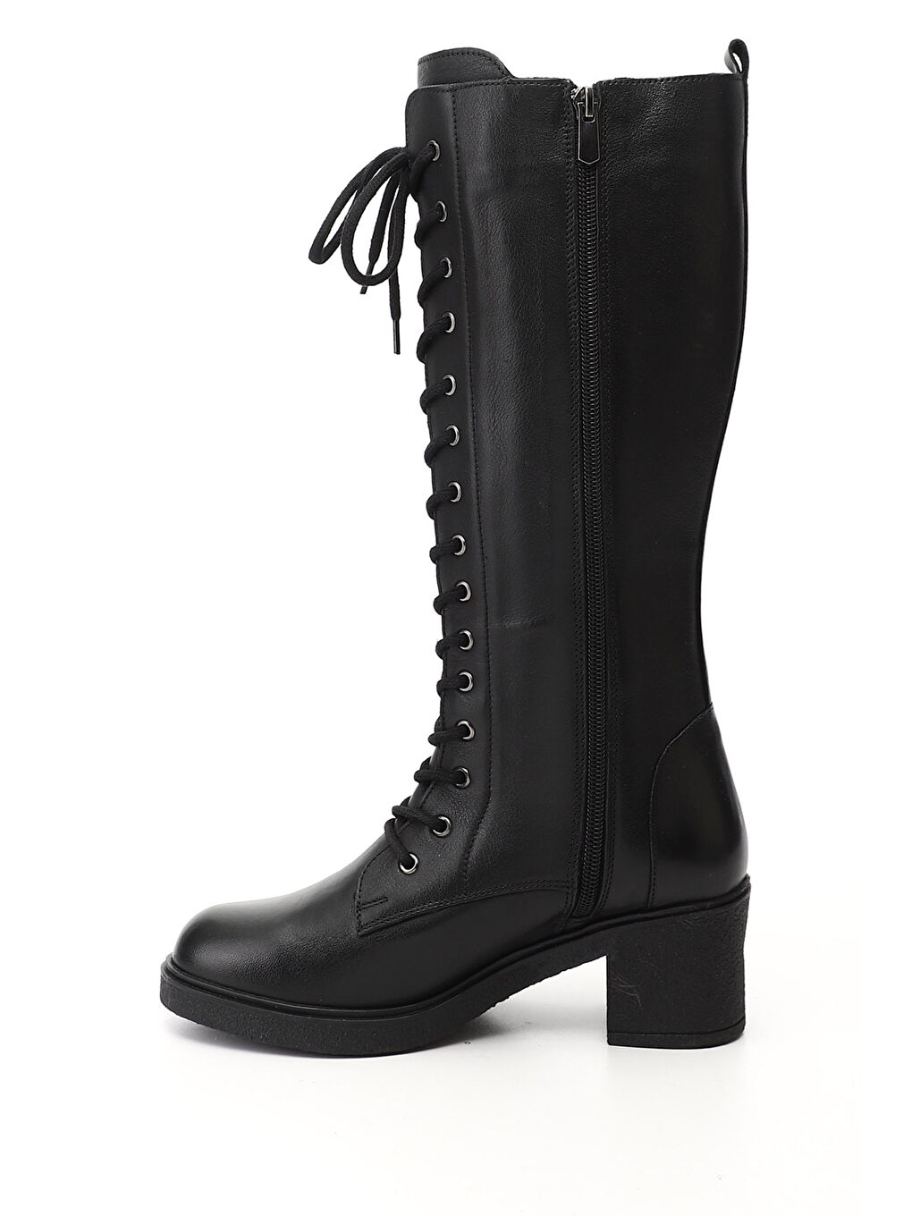 Siyah Kadın SİYAH Fermuarlı Kalın Topuklu Hakiki Deri Postal Çizme-2