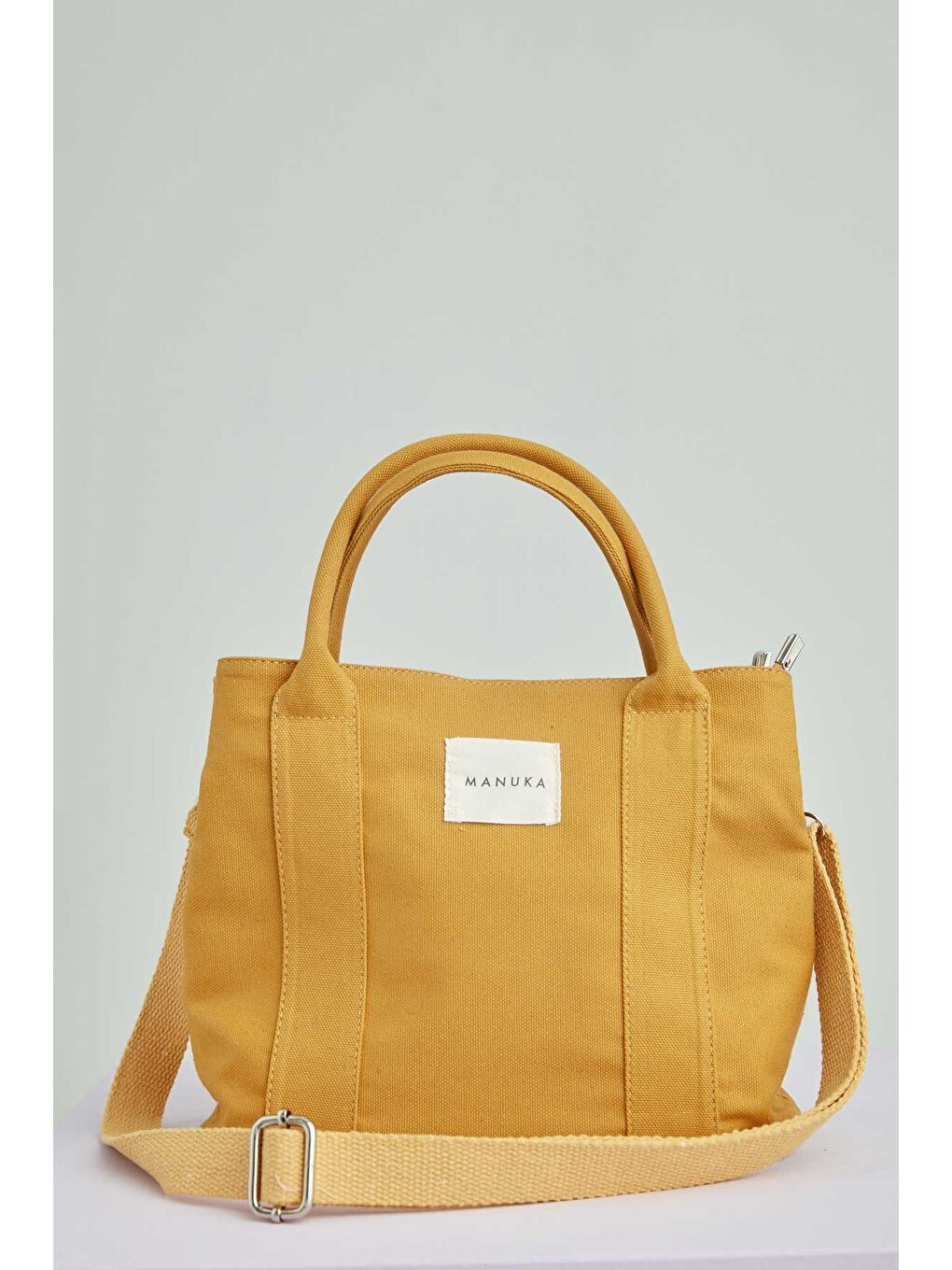 Kahverengi Çift Gözlü Kanvas Tote Bag Hardal-3